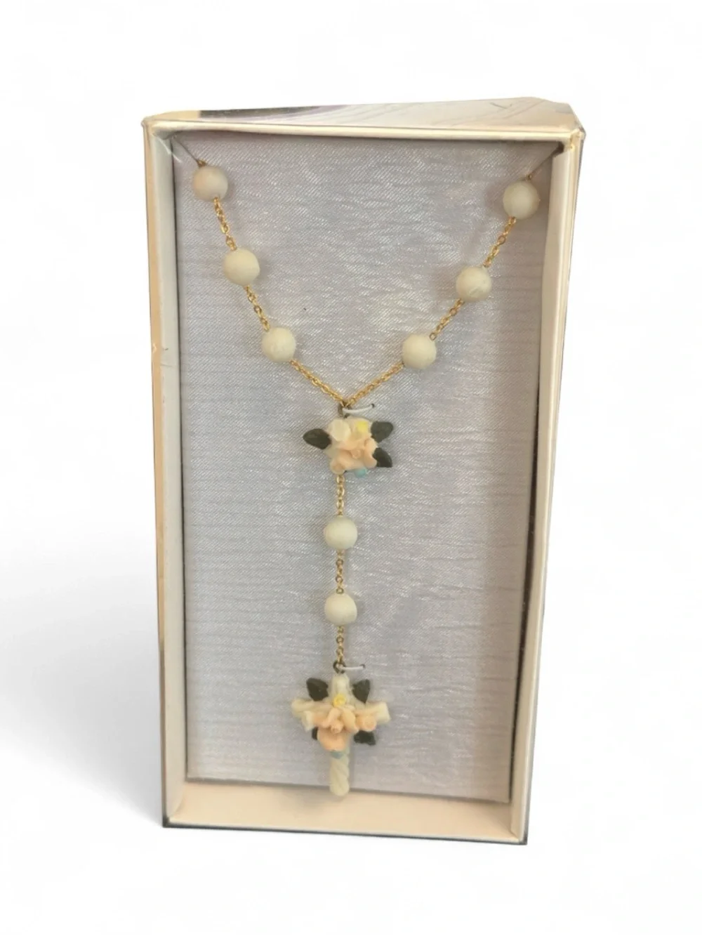 NEW Delicate Cream Floral Pendant Rosary Necklace